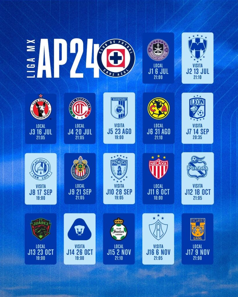 Calendario de Cruz Azul para el Apertura 2024 de la Liga MX